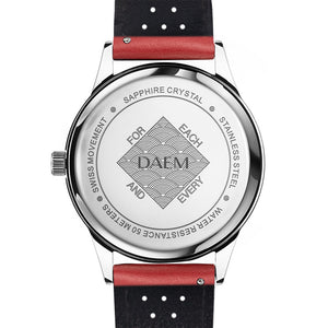 DAEM nassau black dial watch with perforated red leather strap back