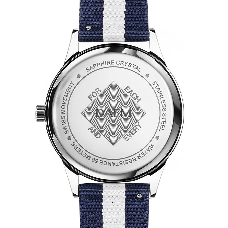 DAEM roebling white dial watch with blue and white NATO strap back