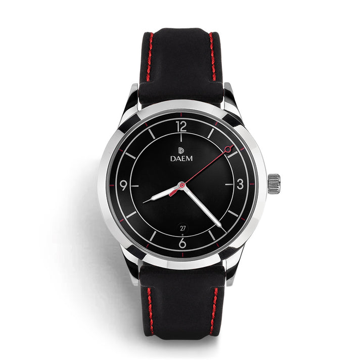 DAEM bedford black dial watch with black rubber strap front