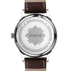 DAEM sterling black dial watch brown leather back engraved