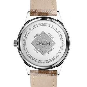 DAEM kent white dial watch with camo cordura strap back