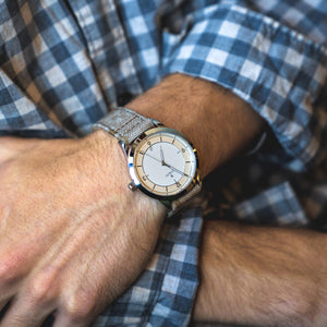 DAEM Kent white grey cordura camo strap watch on wrist