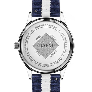 DAEM roebling white dial watch with blue and white NATO strap back