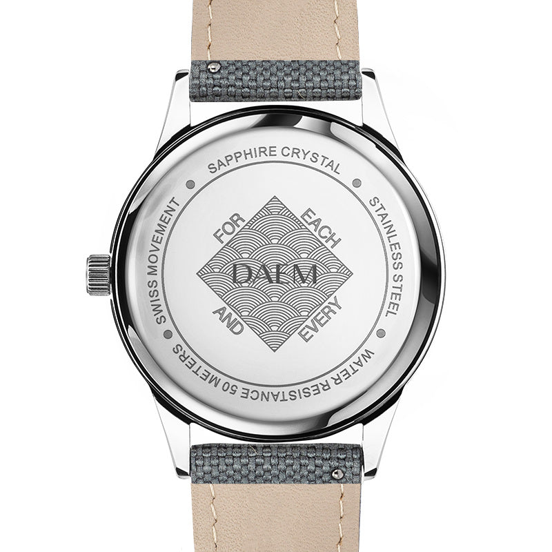 DAEM wythe white dial watch with grey cordura strap back