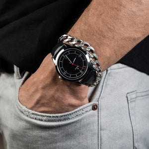 DAEM Midnight x Black leather watch on wrist