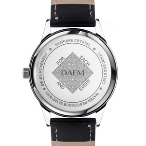 DAEM slate white dial watch black leather back engraved