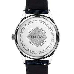 DAEM royal white dial watch blue canvas back engraved