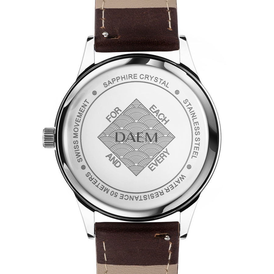 DAEM royal white dial watch brown leather back engraved