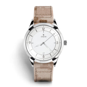 DAEM kent white dial watch with camo cordura strap front