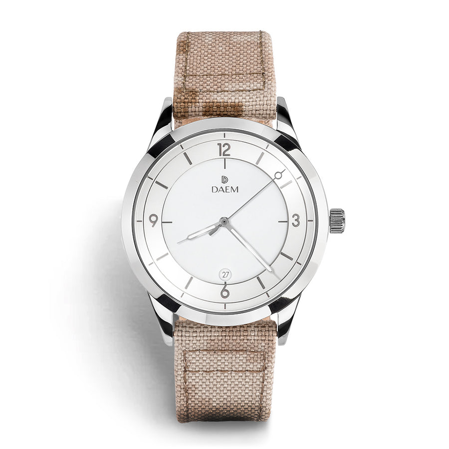 DAEM kent white dial watch with camo cordura strap front