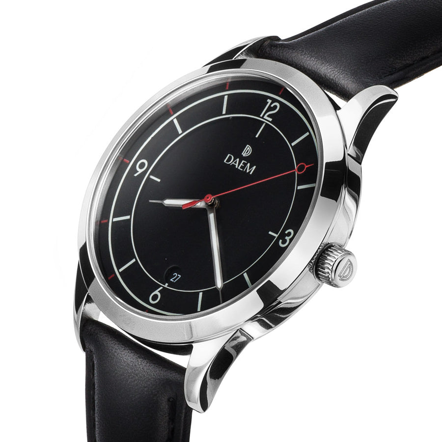 DAEM midnight black dial watch with red hand black leather side