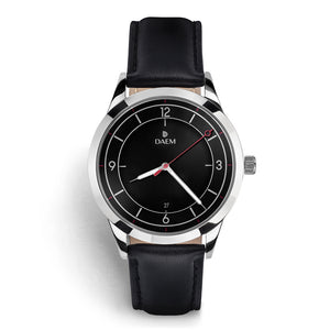 DAEM midnight black dial watch with red hand black leather front