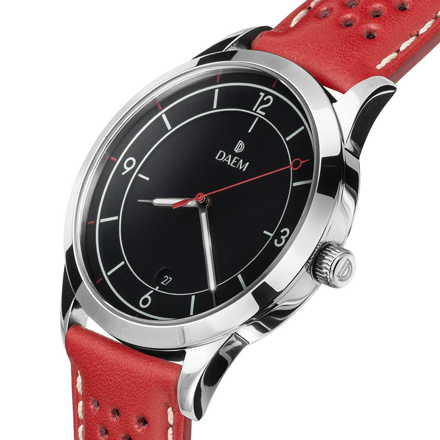 DAEM nassau black dial watch with perforated red leather strap side