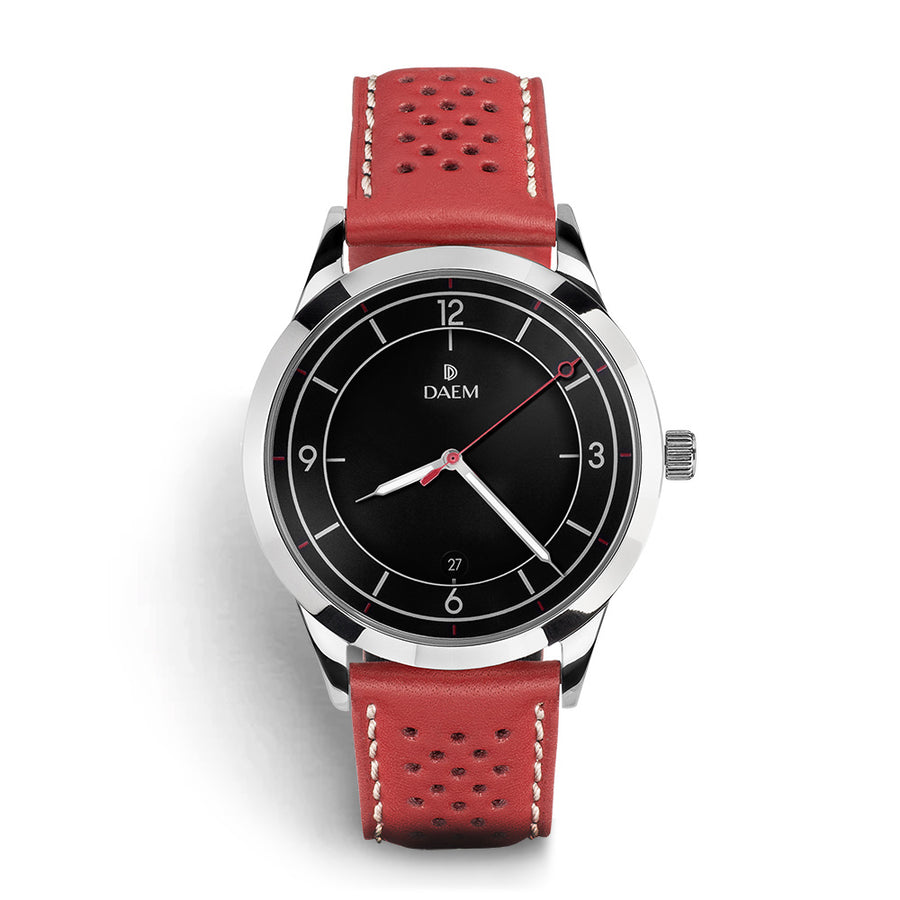 DAEM nassau black dial watch with perforated red leather strap front
