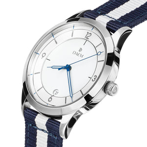 DAEM roebling white dial watch with blue and white NATO strap side