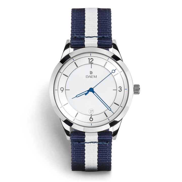 DAEM roebling white dial watch with blue and white NATO strap front