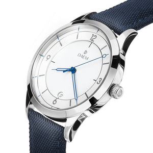 DAEM royal white dial watch with blue hands blue canvas side