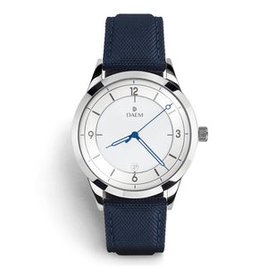 DAEM royal white dial watch with blue hands blue canvas front