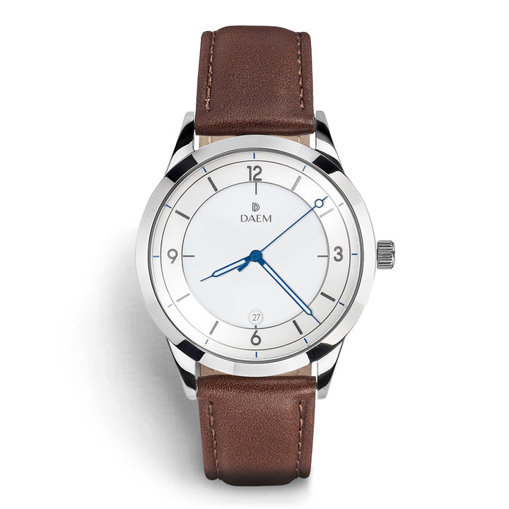 DAEM royal white dial watch with blue hands brown leather front