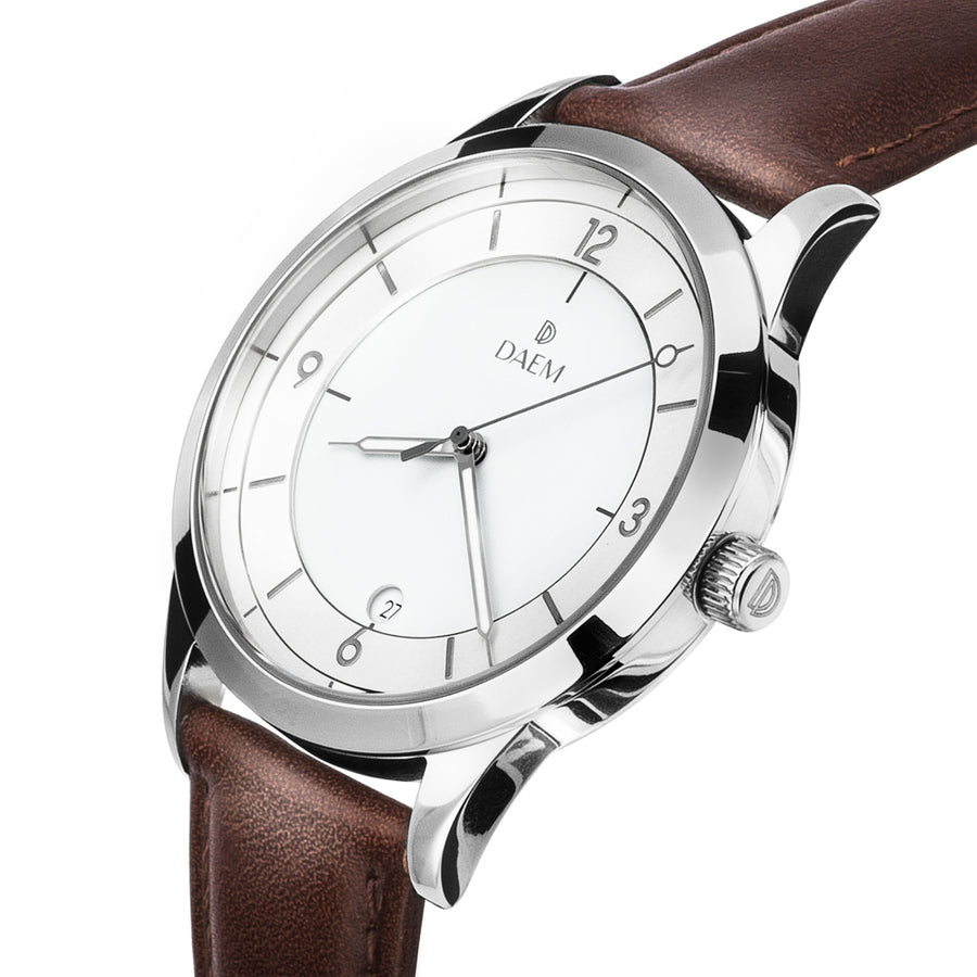DAEM slate white dial watch with grey hands brown leather side