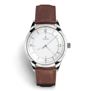 DAEM slate white dial watch with grey hands brown leather front