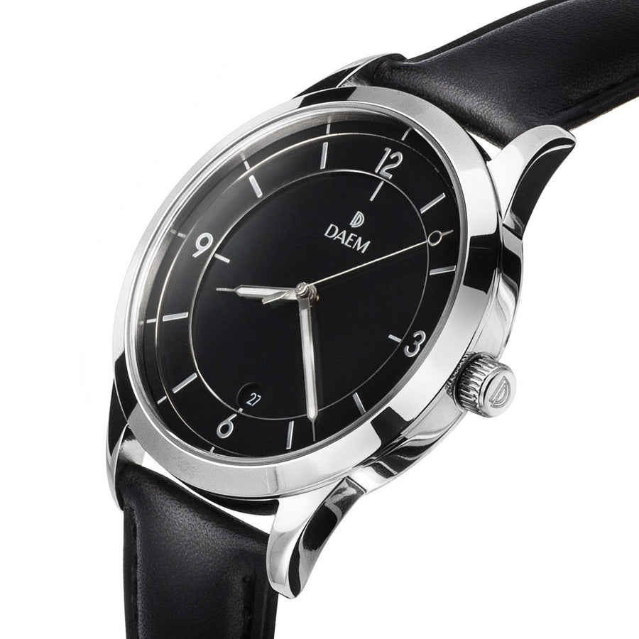DAEM sterling black dial watch with silver hand black leather side