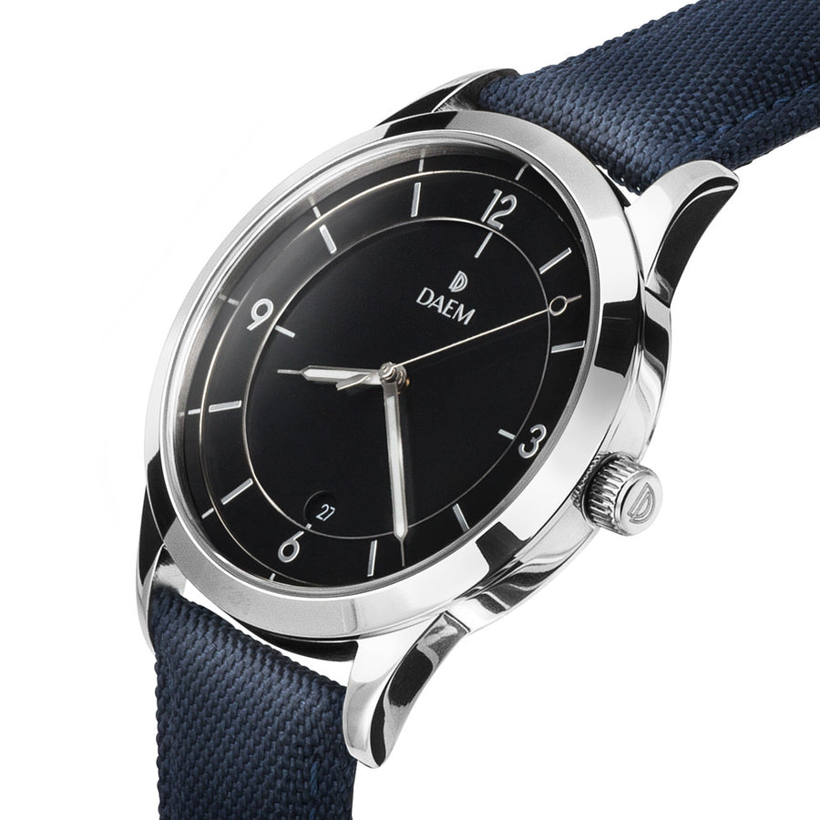 DAEM sterling black dial watch with silver hand blue canvas side