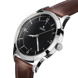 DAEM sterling black dial watch with silver hand brown leather side
