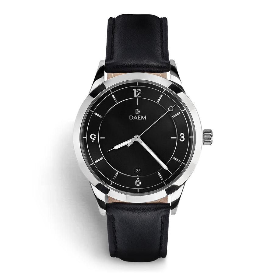 DAEM sterling black dial watch with silver hand black leather front