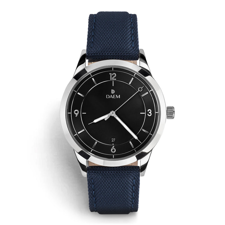 DAEM sterling black dial watch with silver hand blue canvas side