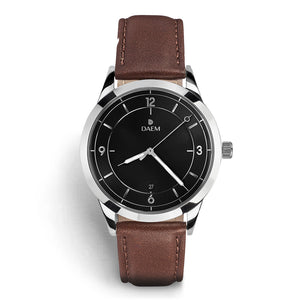 DAEM sterling black dial watch with silver hand brown leather front