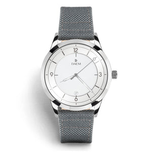 DAEM wythe white dial watch with grey cordura strap front