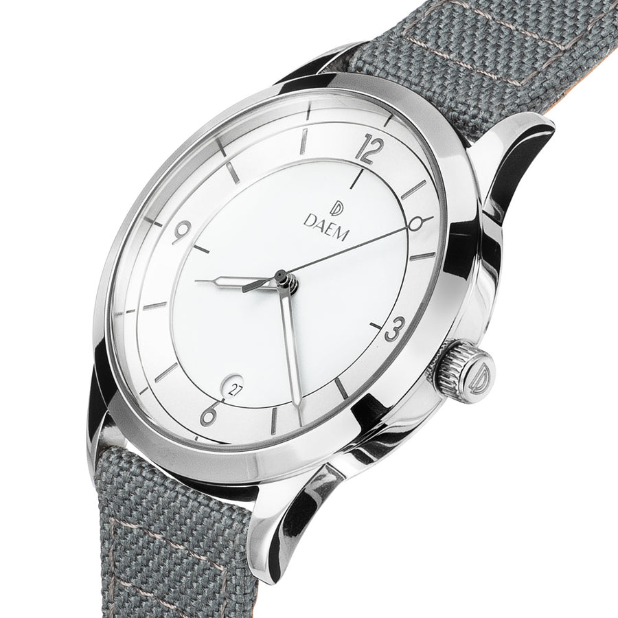DAEM wythe white dial watch with grey cordura strap side